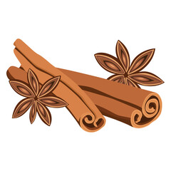 Vector illustration of Christmas scent cinnamon anise spices set isolated on white background. Ingredients of stars anise and cinnamon. Illustration for menu or packaging