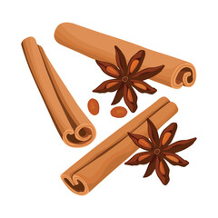 Vector illustration of Christmas scent cinnamon anise spices set isolated on white background. Ingredients of stars anise and cinnamon. Illustration for menu or packaging