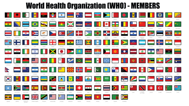 Flags of Member countries of the World Health Organization (WHO). World flag collection