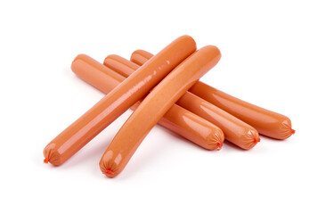 Fresh boiled Sausages, isolated on a white background.