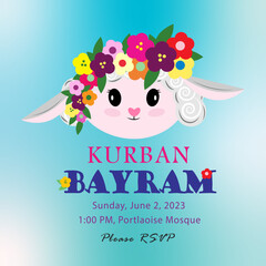 Korban Bayram invitation, kids party, editable text, festival, cute lamb with flowers  