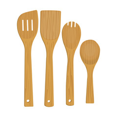 Vector illustration of collection of wooden kitchen utensils. Vector rustic wooden kitchenware set of fork, spoon and spatula digital design elements for your logo, advertisement, menu,