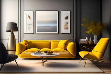 Graphic representation of Warm Toned Living Room Wall Mockup. Generative AI. 