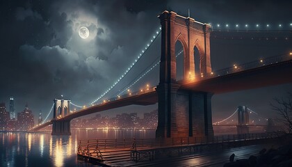 Fototapeta na wymiar Brooklyn Bridge at Night With moon