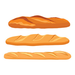 Vector illustration of baguette bread. French baguette set on a white isolated background. Slices of white bread. Half a loaf. Long Loaf Bread.