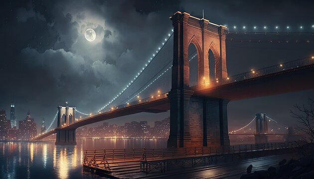 Fototapeta Brooklyn Bridge at Night With moon