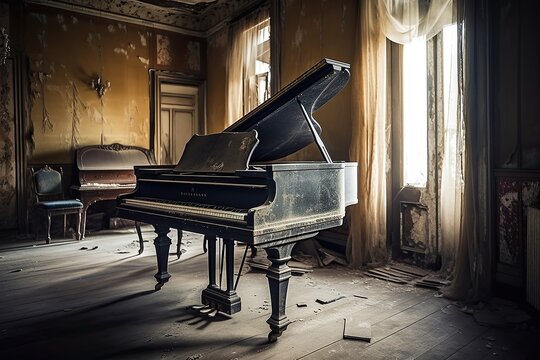 Abandoned Antique Grand Piano: Luxury Living Left in a Creepy Skittish Mystical Mood: Generative AI