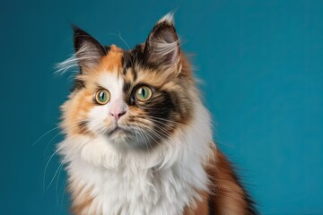 Beautiful Young Fluffy Cat Sitting Isolated Against a Blue Background - Generative Pet and Animal Beauty: Generative AI