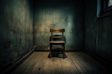 The Unforgettable Interrogation: An Antique Wooden Chair in a Dark, Grungy Room, Generative AI