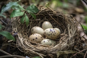 Young Bird Nesting in Nature's Beauty: Nature's White and Brown Straw Nesting with Green Plant and Baby Eggs, Generative AI