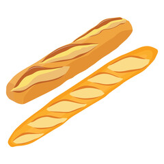 Vector illustration of baguette bread. French baguette set on a white isolated background. Slices of white bread. Half a loaf. Long Loaf Bread. - obrazy, fototapety, plakaty