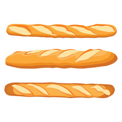 Vector illustration of baguette bread. French baguette set on a white isolated background. Slices of white bread. Half a loaf. Long Loaf Bread.