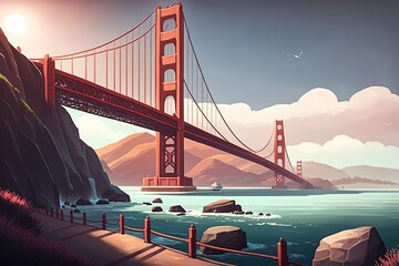 Golden Gate Bridge in cartoon style - obrazy, fototapety, plakaty