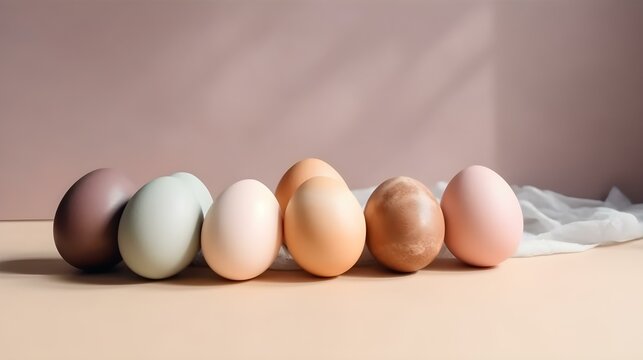 Easter Eggs on Beige Background with Copy Space