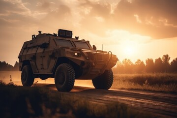 Fototapeta premium Military patrol car at sunset, Generative AI