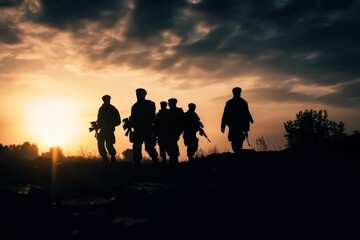 Fototapeta na wymiar Military silhouettes at sunset, Generative AI