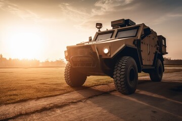 Fototapeta na wymiar Military patrol car at sunset, Generative AI