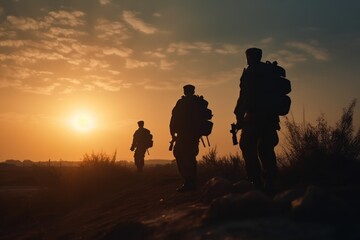 Military silhouettes at sunset, Generative AI