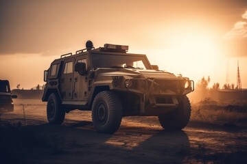 Military patrol car at sunset, Generative AI - obrazy, fototapety, plakaty