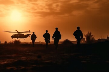 Fototapeta na wymiar Military silhouettes at sunset, Generative AI