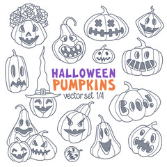 Halloween carved pumpkins. Different shapes and emotions. Cartoon style vector illustration. Jack-o'-lantern doodle set. Outline stroke is not expanded, stroke weight is editable.