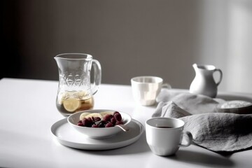  breakfast on the table, tea glass, white tones, minimalistic, Generative AI