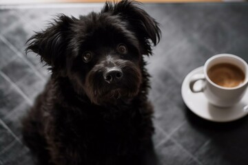  black hairy dog looking up, cup of coffee on the table near Generative AI