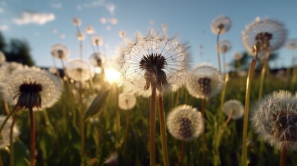 Fototapeta na wymiar bottom view Beautiful dandelion closeup with seeds blowing away in the wind. blue sky Generated AI