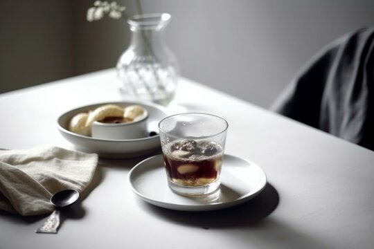  breakfast on the table, tea glass, white tones, minimalistic, Generative AI