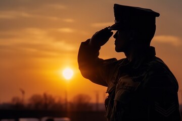 Saluting soldier silhouette, Generative AI