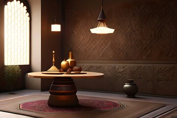 Arabic or Islamic style interior, Rattan Chair, Table, Lamp, Dried Flowers Vases with Patterned Floor