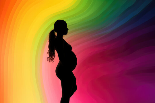 Pregnant woman silhouette on vibrant colourful background. Generative AI