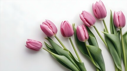 Pink Tulips on White Flat Lay Background
