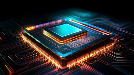 cpu concept with glowing abstract lines and light beam on processor. Generated AI