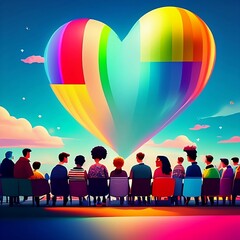 Lgbt happy gay meeting people group and sky illustration, generative AI