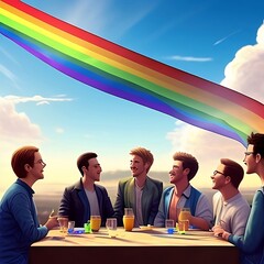 Lgbt happy gay meeting people group and sky illustration, generative AI