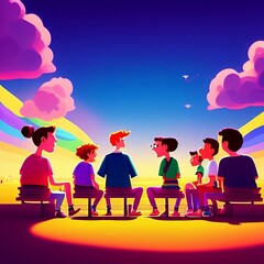 Lgbt happy gay meeting people group and sky illustration, generative AI