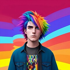 person with rainbow colored hair, Pride LGBTQ. gay, illustration, generative AI