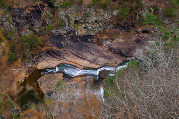 Outlooks around Tallulah Falls are in northeast of Atlanta, Habersham and Rabun County, Georgia. They are a series of six waterfalls cascading through Tallulah Gorge, an ancient 1,000-foot chasm carve
