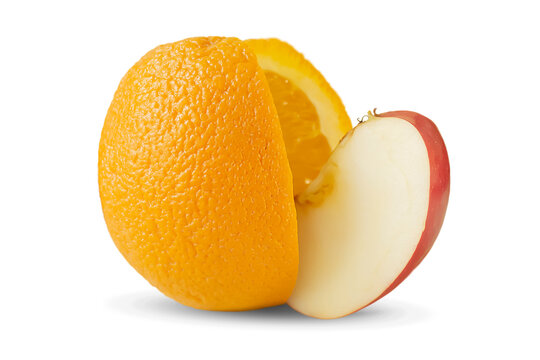 Ripe orange with apple slice on transparent background. Healthy food concept.