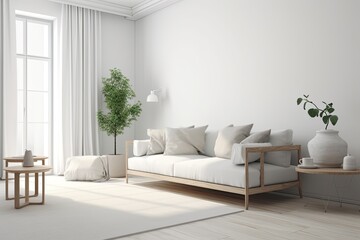 cozy living room with a comfortable couch, coffee table, and a touch of greenery. Generative AI