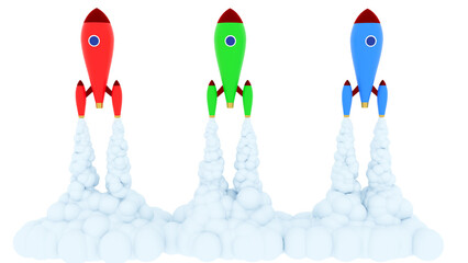 Strat of three rockets of red green blue 3d render - 588024428