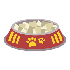 A bowl with food for animals, cats, dogs with a label with paws.
