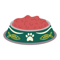 Bowl with food for animals, cats, dogs with a paw, fish.