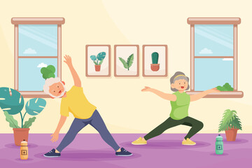 Fototapeta premium Old aged doing Yoga exercise at home,in cartoon character,
