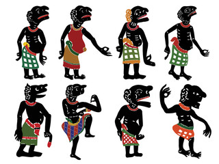 Leather Shadow Puppet in traditional clothes. Vector set of Thai Shadow Puppet silhouettes. 