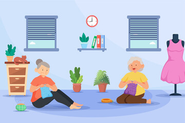 Old aged doing kniting work at home,hobby of senior