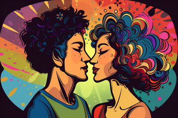 Naklejka na ściany i meble Young blonde lesbian couple kissing, ai generated, Generative AI