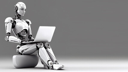 A sitting humanoid female robot with a laptop on her lap, on a gray background with free space for any inscription or text. Generative AI