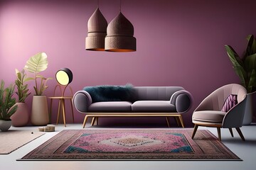 Arabic or Islamic style interior, Rattan Chair, Table, Lamp, Dried Flowers Vases with Patterned Floor